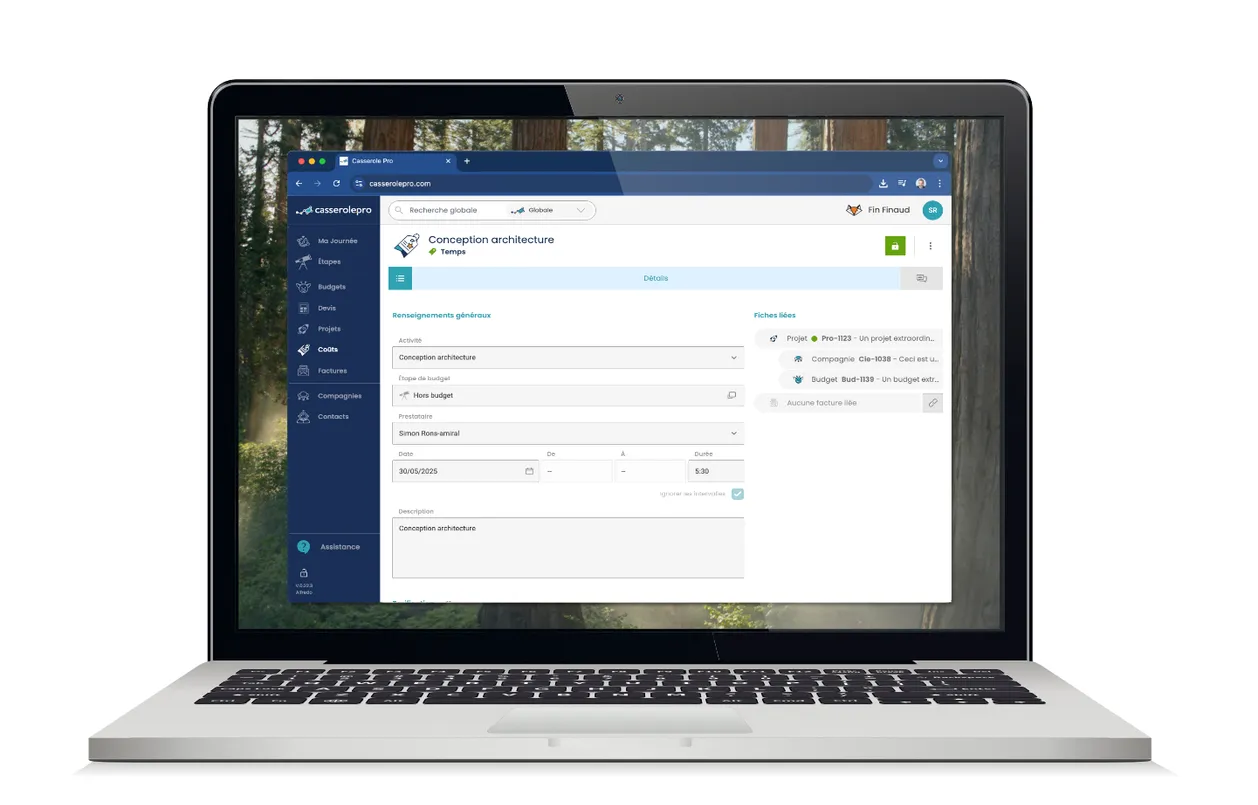 Capture d'écran de la section 'Coûts' de Casserole.pro, montrant la compilation des feuilles de temps et des frais pour chaque projet