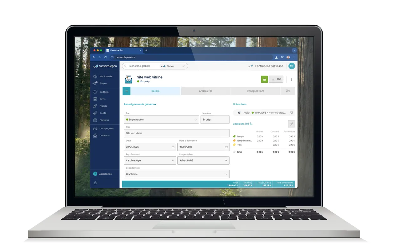 Illustration de la section 'Factures' de Casserole.pro, démontrant la génération de factures à partir des devis et l'envoi de PDF aux clients