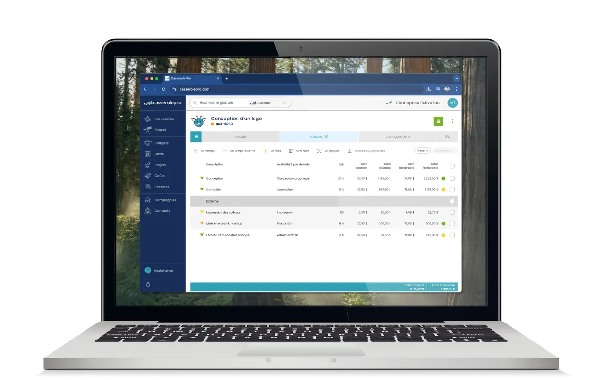 Vue de la section 'Budgets' de Casserole.pro, facilitant la planification des étapes et des coûts des futurs projets