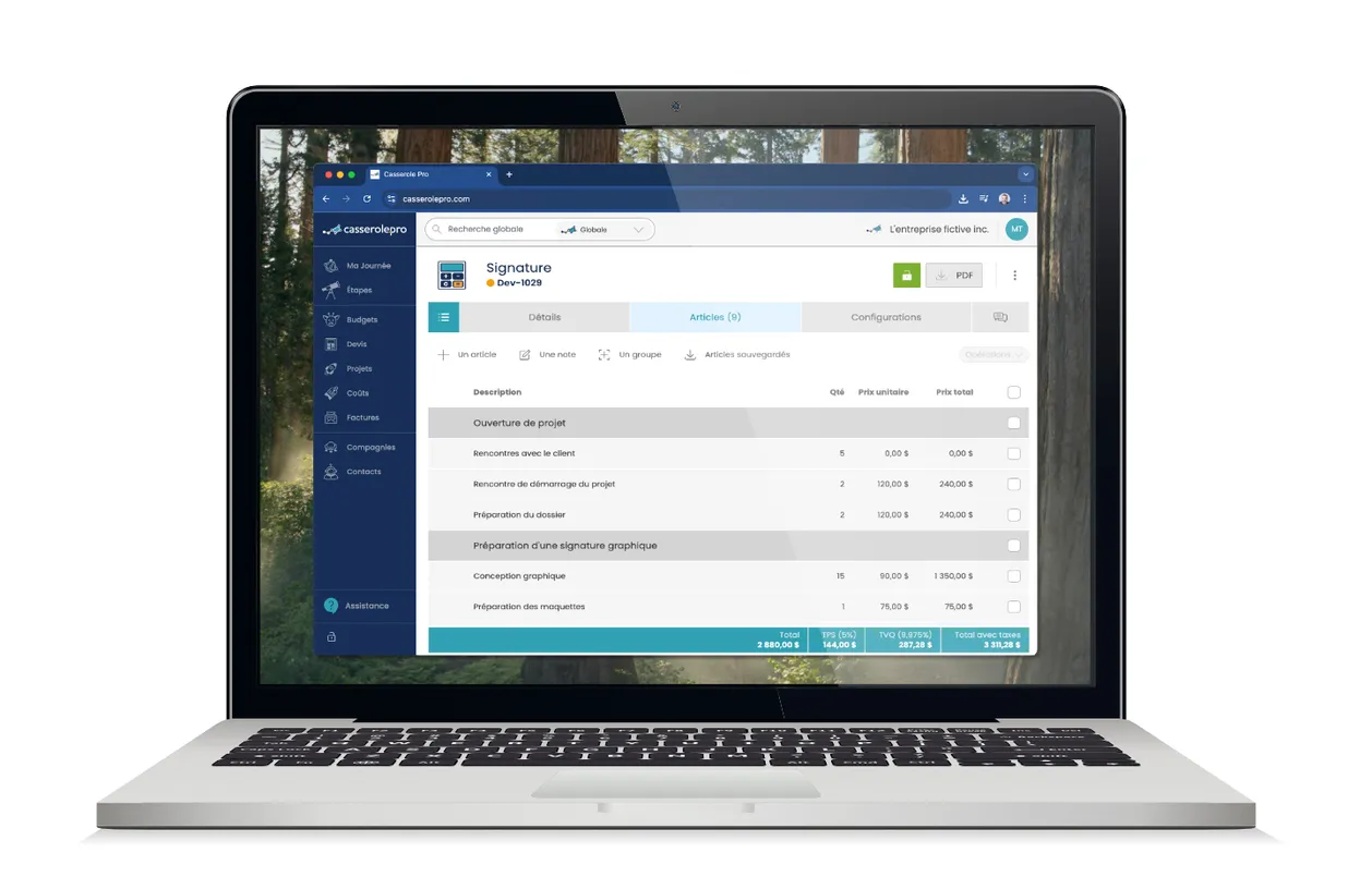Exemple de la section 'Devis' de Casserole.pro, illustrant la création de devis détaillés avec sous-totaux par section