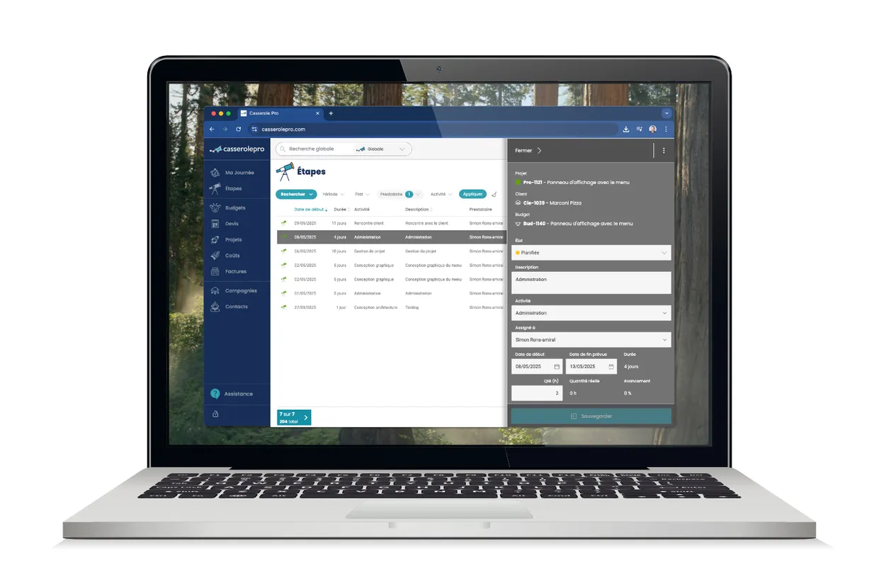 Illustration de la section Étapes de Casserole.pro, démontrant lutilisation des étapes