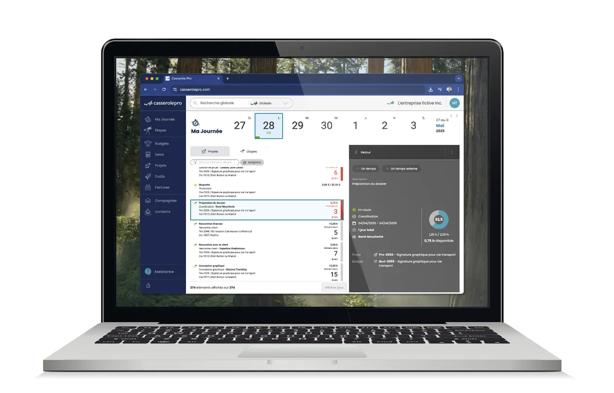 Interface de la section 'Ma journée' de Casserole.pro, permettant aux utilisateurs d'enregistrer leur temps et leurs frais par projet