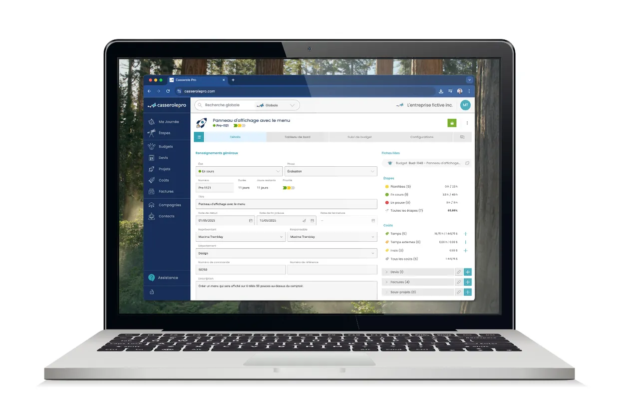 Présentation de la section 'Projets' de Casserole.pro, affichant la compilation des coûts et un tableau de bord des statistiques de rentabilité
