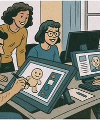 Un artiste 3D travaillant dans un bureau moderne, utilisant Casserole.pro pour gérer ses projets et budgets.