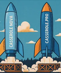 Illustration de deux fusées représentant la transition entre Casserole Nova et Casserole.pro, symbolisant un logiciel plus moderne et plus rapide.