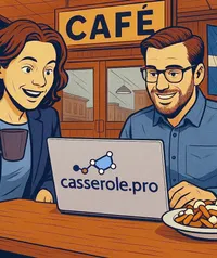 Deux entrepreneurs québécois utilisant Casserole.pro dans un café avec une poutine et un drapeau du Québec, illustrant un logiciel de gestion local.