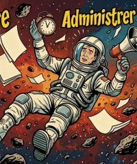 Illustration BD vintage d'un astronaute débordé dans l'espace, jonglant avec les tâches de produire, administrer et vendre, symbolisant les défis de gestion d'un travailleur autonome au Canada.