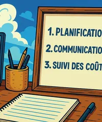 Bureau avec laptop, carnet et panneau affichant les trois piliers : planification, communication, suivi des coûts.