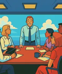 Un dirigeant d'entreprise mène une réunion avec son équipe, symbole d'une croissance réussie grâce à une bonne gestion.