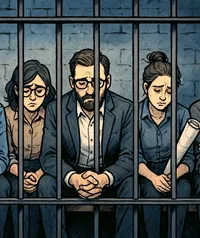 Équipe de collègues derrière des barreaux symbolisant la frustration liée à la gestion des feuilles de temps