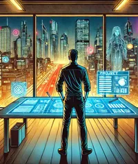 Gestionnaire de projet devant un tableau numérique dans un bureau futuriste.