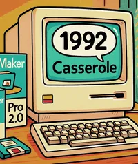 Ordinateur vintage affichant le logiciel Casserole, à côté de boîtes FileMaker Pro.