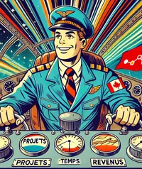 Pilote souriant dans un cockpit de fusée rétro avec cadrans en français « Projets », « Temps », « Revenus » et un drapeau canadien sur l'épaule, en illustration BD vintage, symbolisant la planification et la croissance professionnelle.