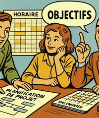 Réunion d'équipe autour d'un tableau de planification de projet avec répartition des ressources et suivi des étapes.