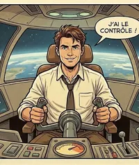 Pilote aux commandes d'un vaisseau spatial vintage utilisant un logiciel tout-en-un pour garder le contrôle sur ses opérations.