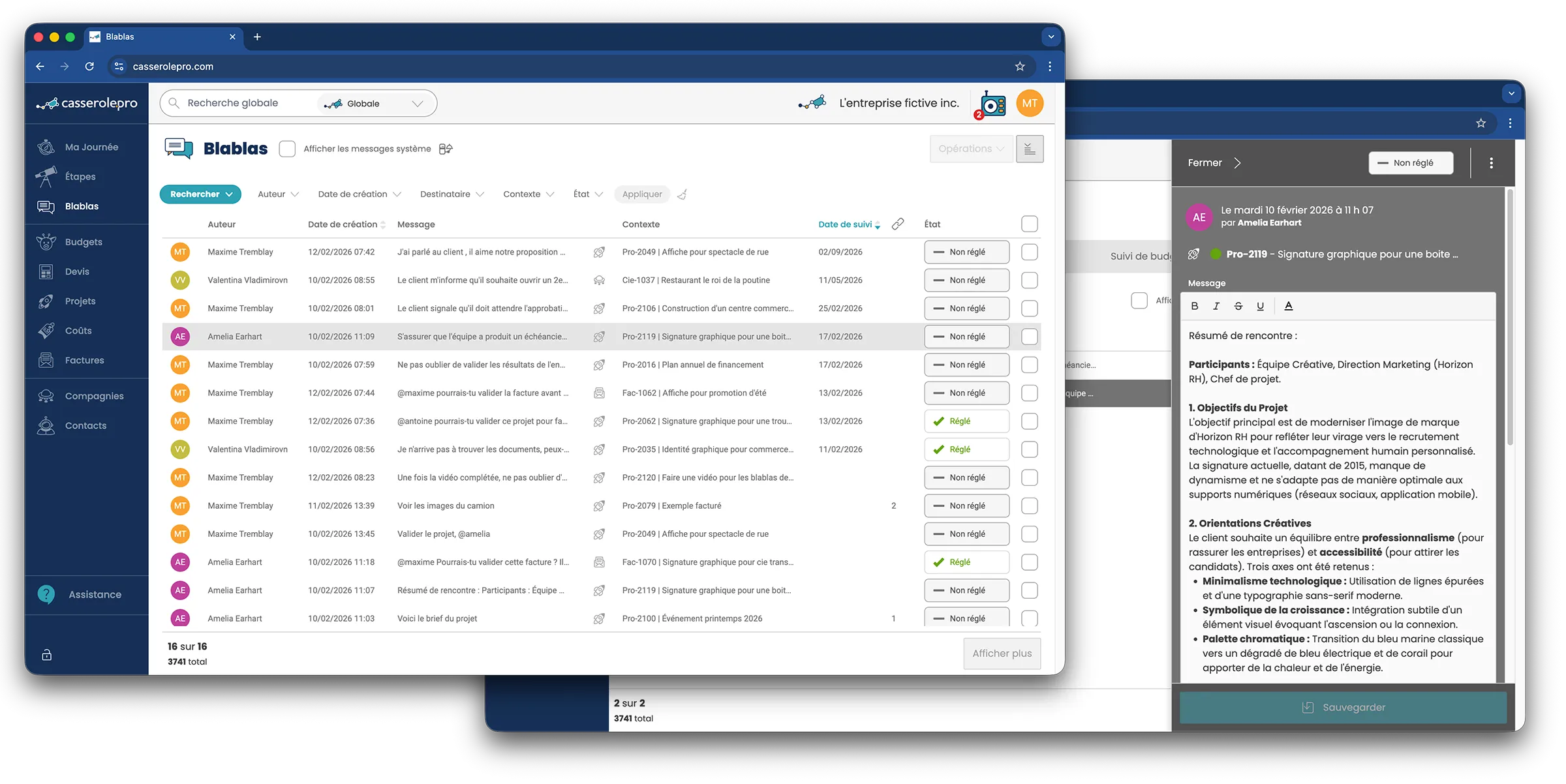 Vue d'ensemble de l'interface Blablas dans Casserole.pro regroupant l'historique des communications et des notes système.