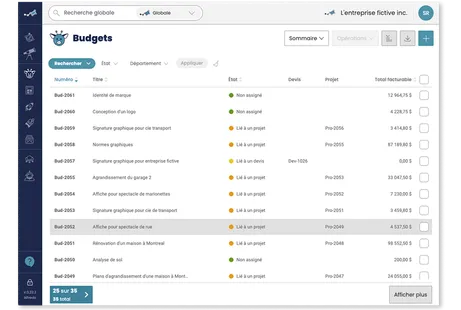 Vue de la section 'Budgets' de Casserole.pro, listant tous les budgets facilitant la planification des étapes et des coûts des futurs projets