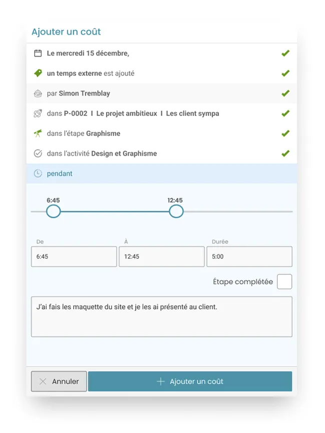 Ajout d'un coût dans la section 'Ma journée' de Casserole.pro, permettant aux utilisateurs d'enregistrer leur temps et leurs frais par projet