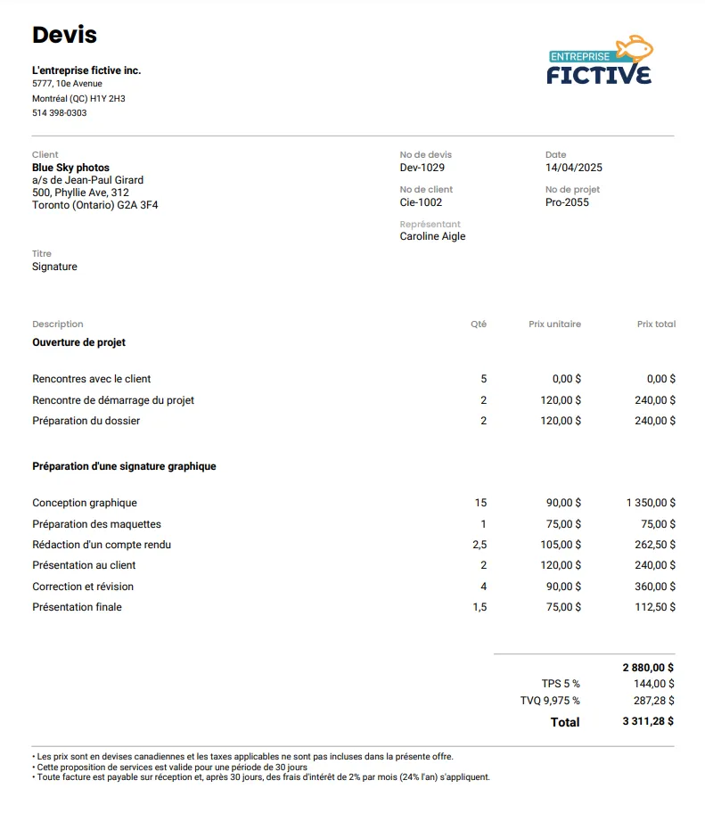 Exemple d'un 'Devis' de Casserole.pro généré au format PDF, illustrant la création de devis détaillés avec sous-totaux par section
