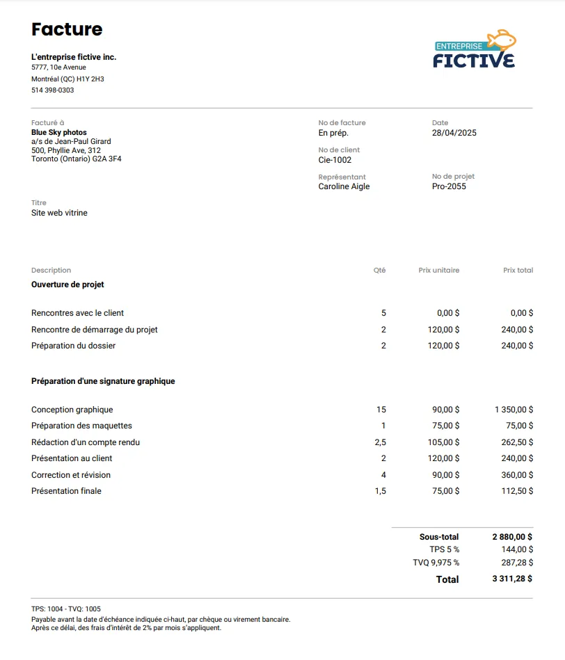 Illustration d'une facture de la section 'Factures' de Casserole.pro générée au format PDF, démontrant la génération de factures à partir des devis et l'envoi de PDF aux clients