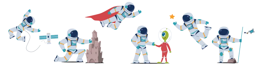Équipe illustrée en astronautes montrant les valeurs humaines et l'expertise de Casserole.pro