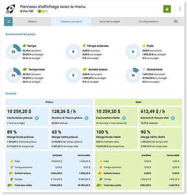 Présentation du tableau de bord de la section 'Projets' de Casserole.pro, affichant la compilation des coûts et un tableau de bord des statistiques de rentabilité