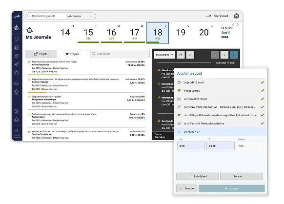 Interface de la section 'Ma journée' de Casserole.pro, permettant aux utilisateurs d'enregistrer leur temps et leurs frais par projet