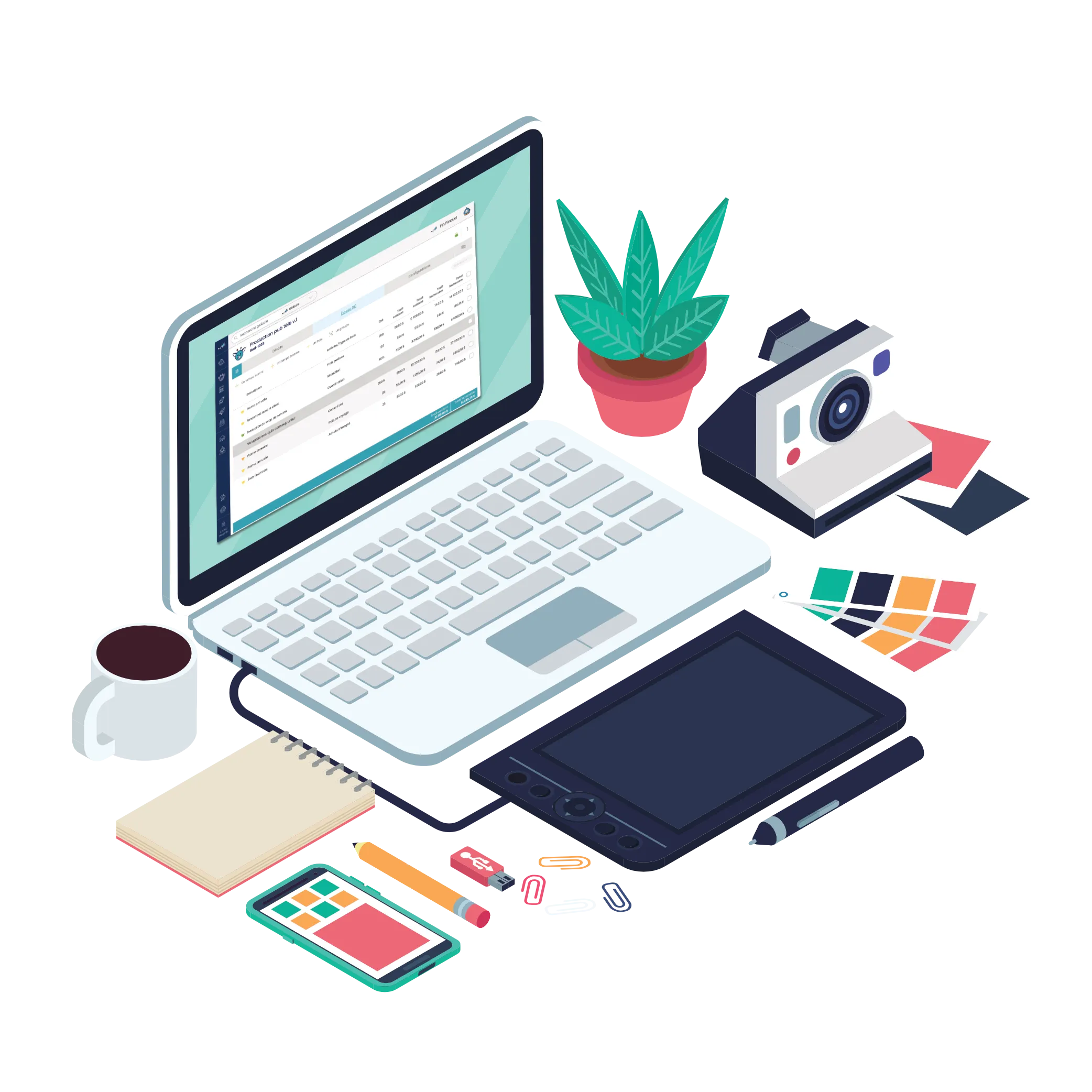 Illustration d'un bureau avec un ordinateur portable affichant l'interface de Casserole.pro, une tablette graphique, illustrant les avantages de l'outil pour les entreprises de services telles que des studios de graphisme, des agences de communication, des architectes et des ingénieurs.