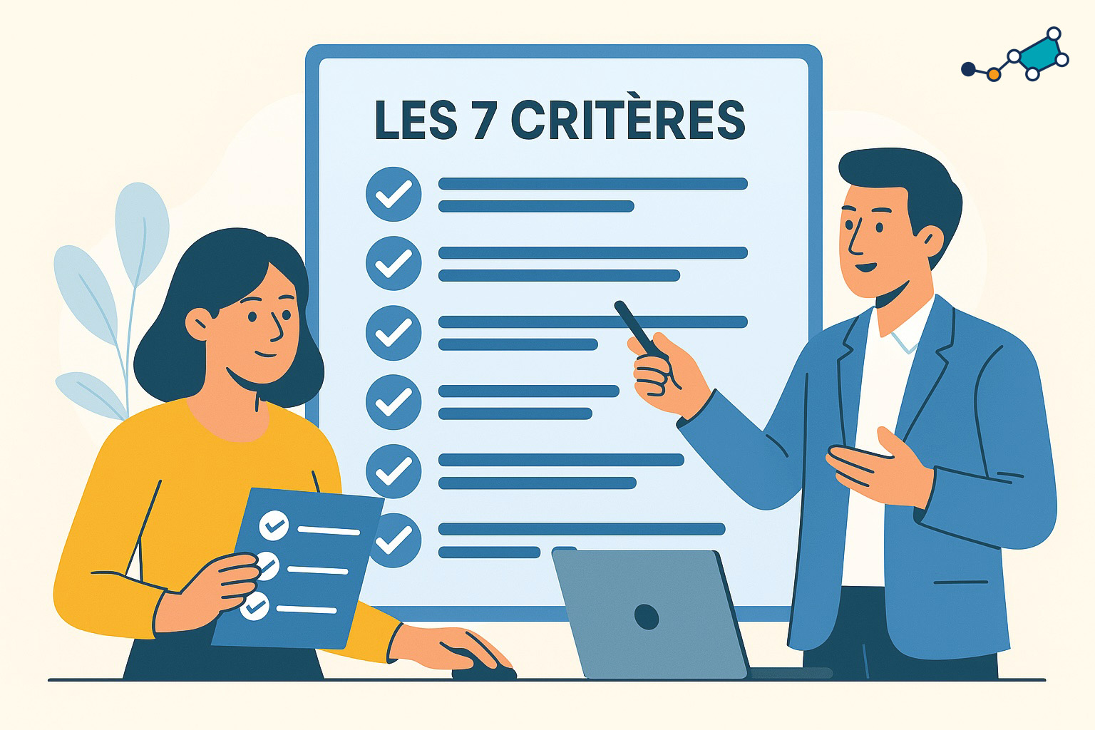 Présentation visuelle des 7 critères essentiels pour bien choisir son logiciel de gestion pour entreprise de services.