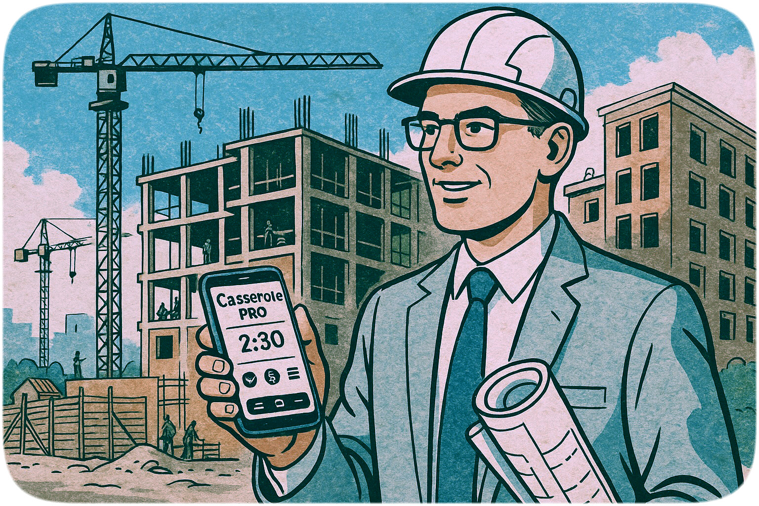 Un architecte utilise l’application mobile Casserole.pro sur un chantier pour gérer ses projets et ses heures facturables.