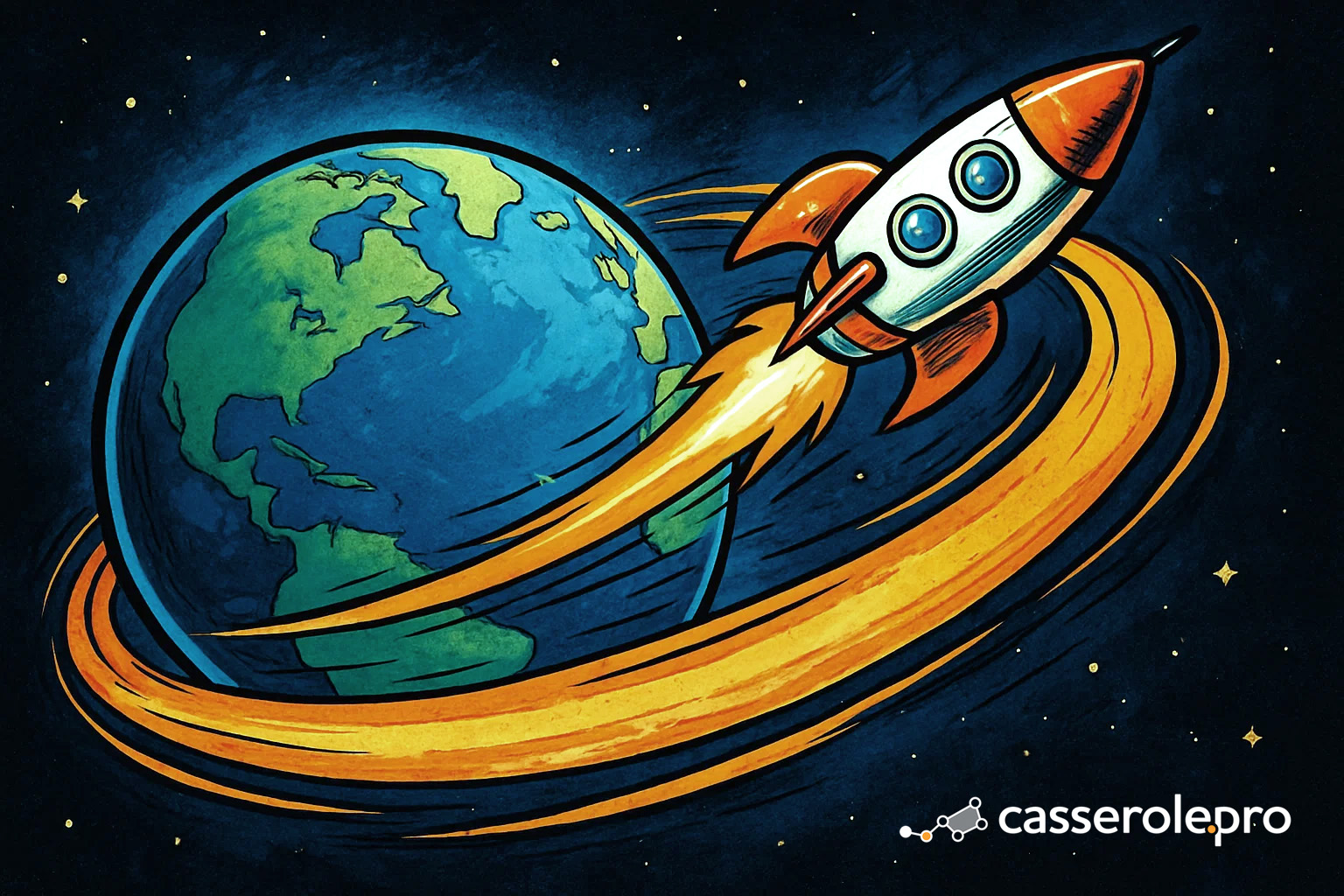Illustration d’une fusée Casserole.pro faisant le tour de la Terre, symbolisant l’ambition mondiale de l’entreprise.