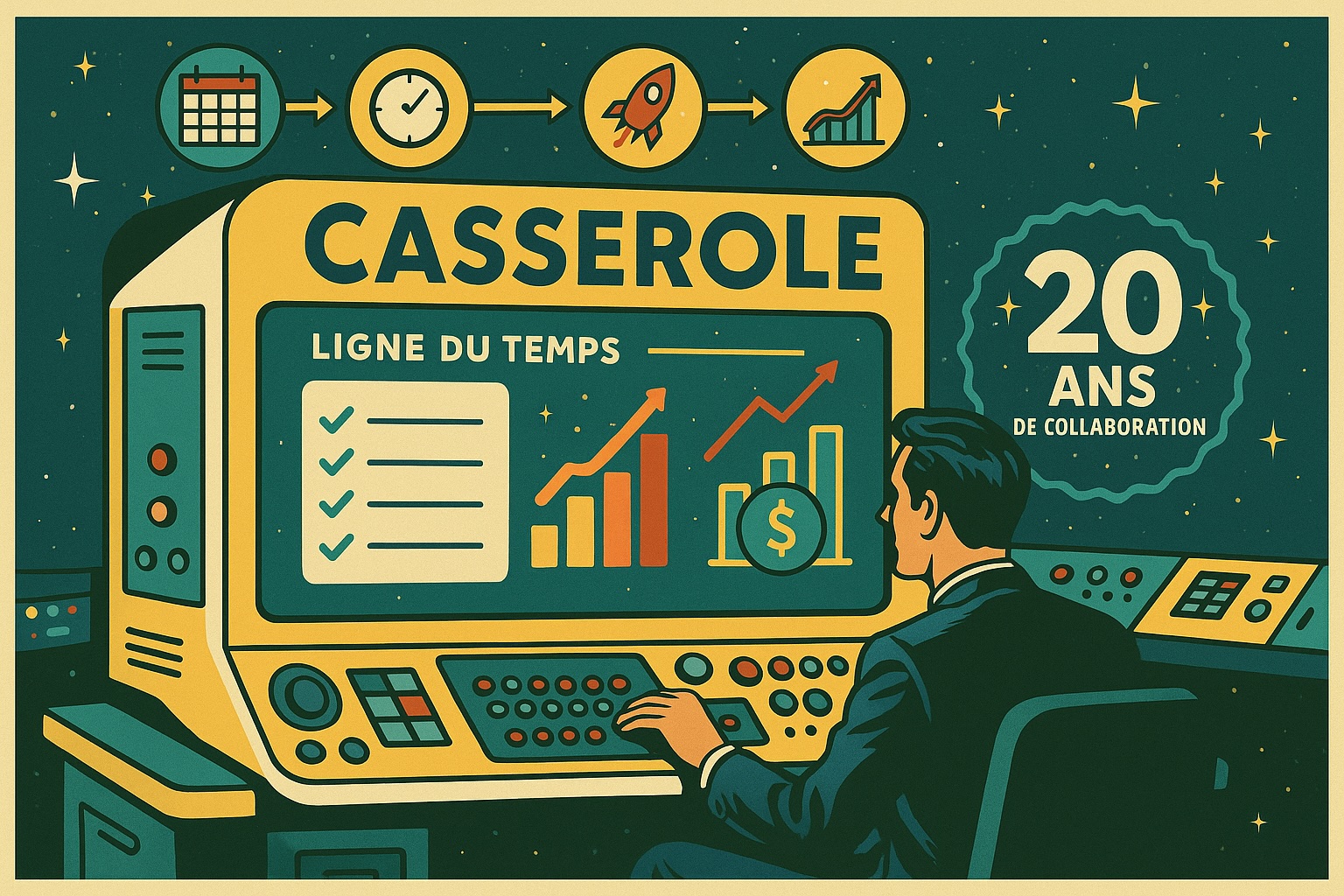 Illustration rétro soulignant les 20 ans de collaboration entre Cellule Design et le logiciel Casserole