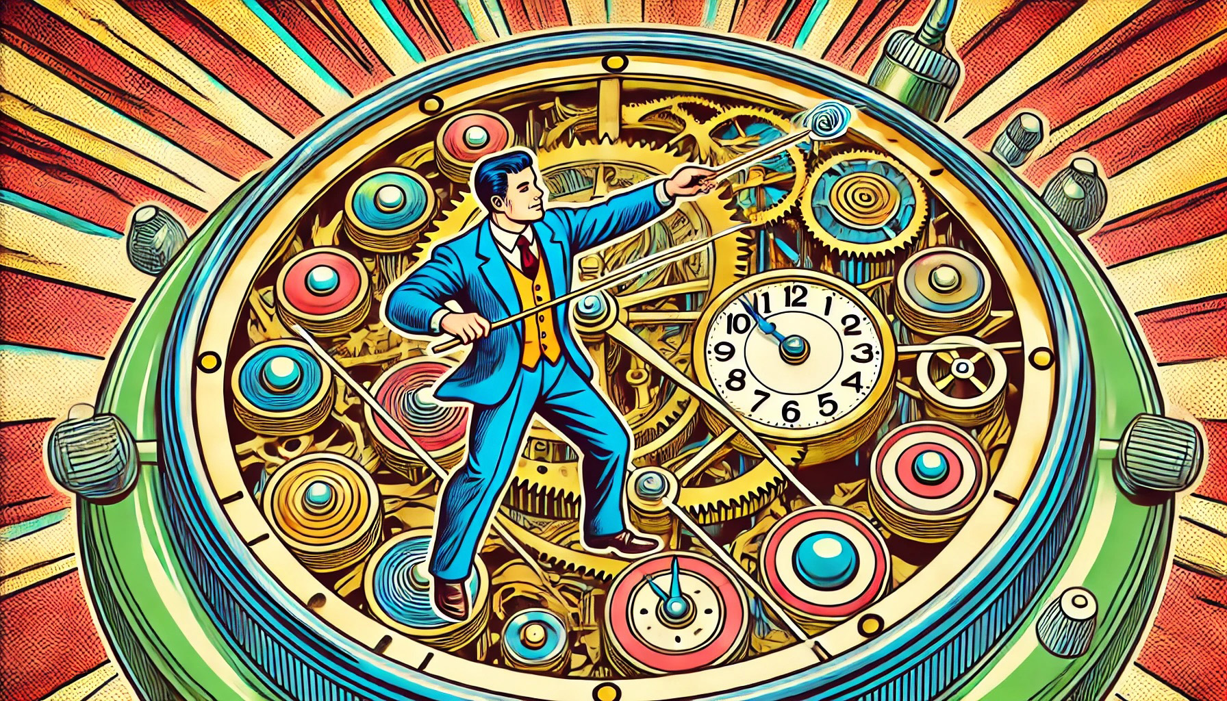 Personnage orchestrant les aiguilles d’une immense horloge mécanique en style BD rétro, représentant la maîtrise du temps et la gestion efficace pour les travailleurs autonomes.