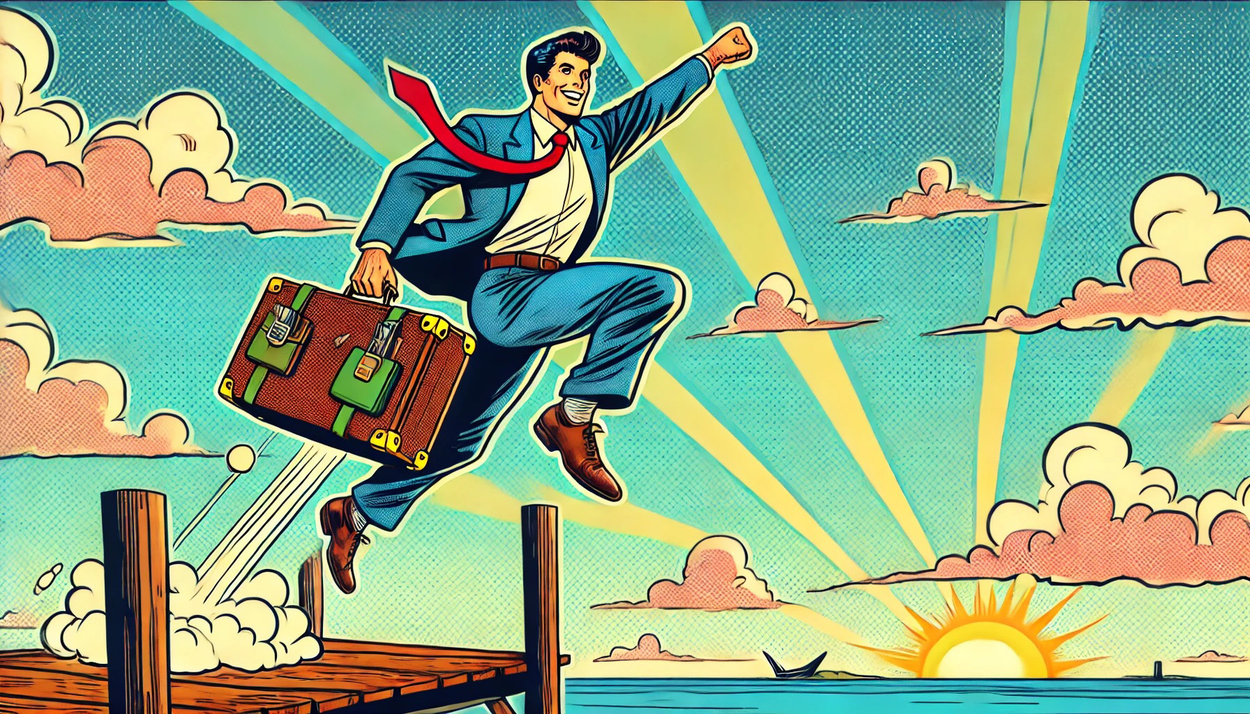 Travailleur autonome sautant avec confiance d’un quai, mallette à la main, illustré en style BD vintage années 50, symbolisant l’élan et l’aventure du travail indépendant.