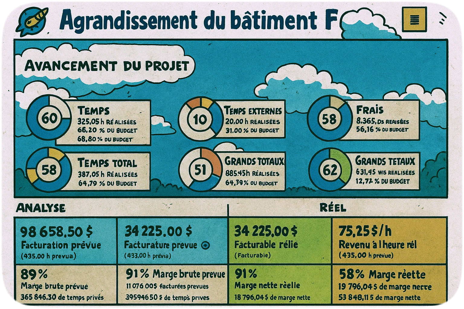 Exemple de tableau de bord de rentabilité dans le logiciel de gestion Casserole.pro pour PME de services.