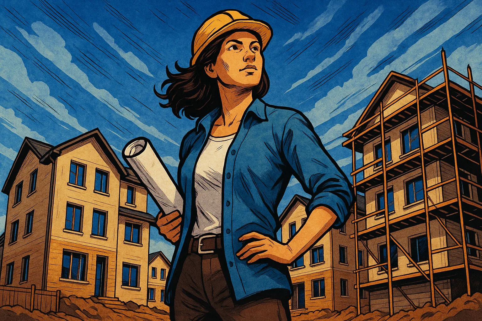 Femme architecte travaillant sur un plan avec logiciel de gestion de projet