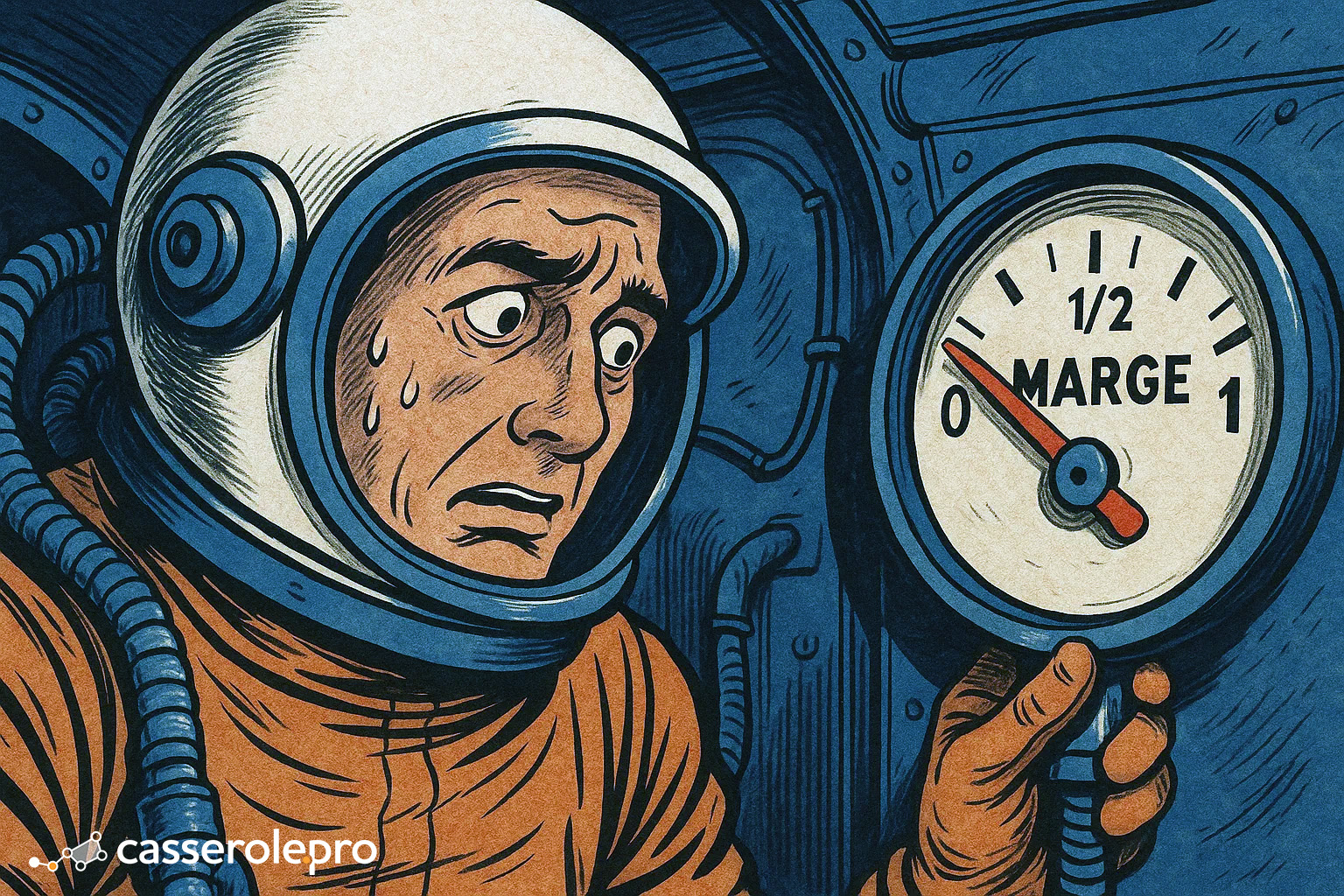 Illustration style bande dessinée vintage montrant un astronaute inquiet regardant une jauge de carburant marquée MARGE dans la zone rouge, symbolisant le risque financier.