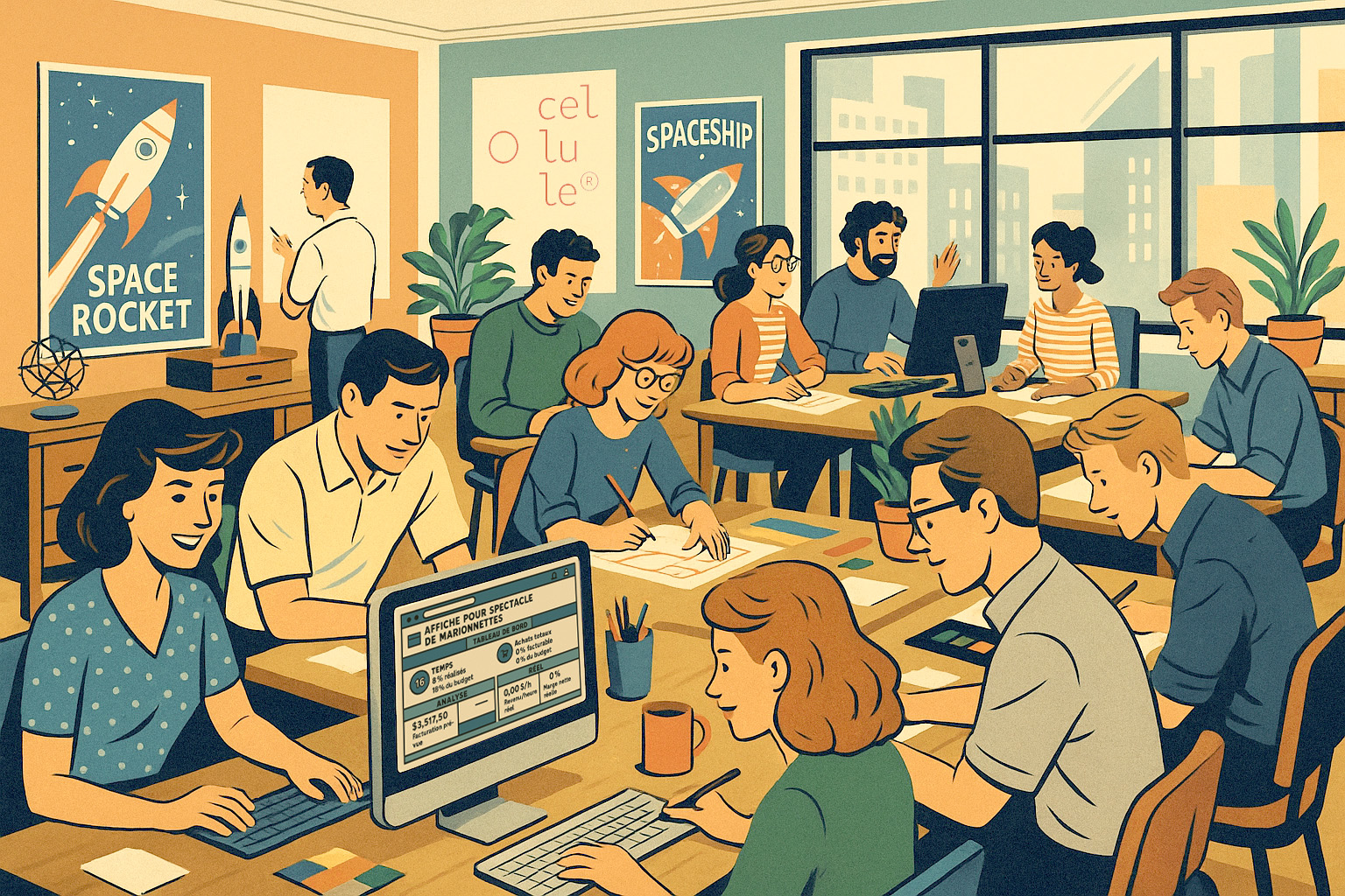 Équipe de designers graphiques travaillant dans un bureau collaboratif avec l’interface de Casserole à l’écran