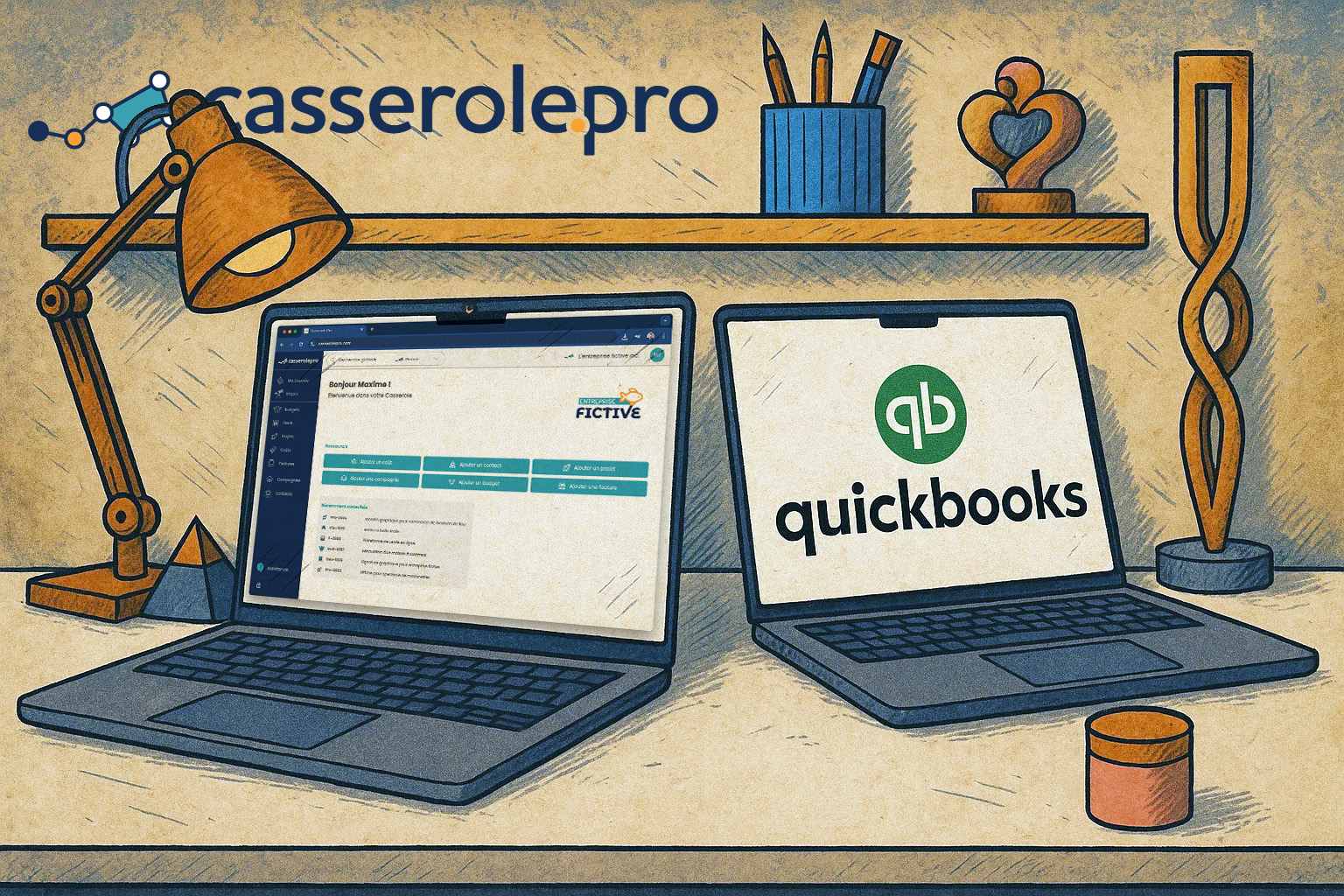 Illustration de l’intégration entre Casserole.pro et QuickBooks, facilitant la gestion comptable et financière des PME québécoises.