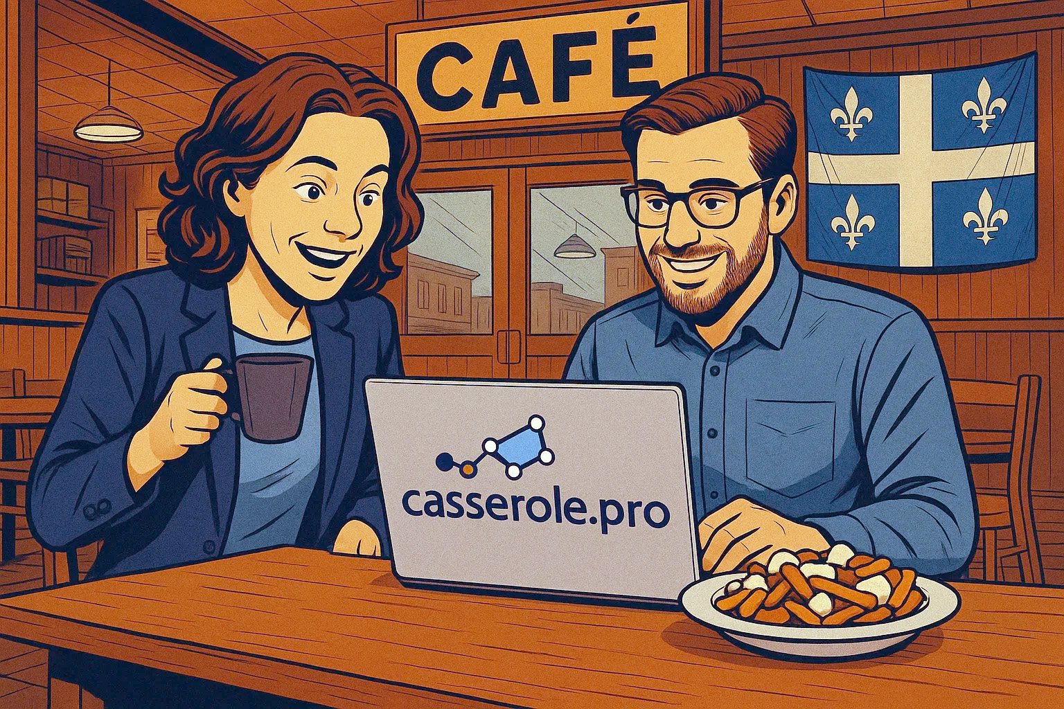 Deux entrepreneurs québécois utilisant Casserole.pro dans un café avec une poutine et un drapeau du Québec, illustrant un logiciel de gestion local.