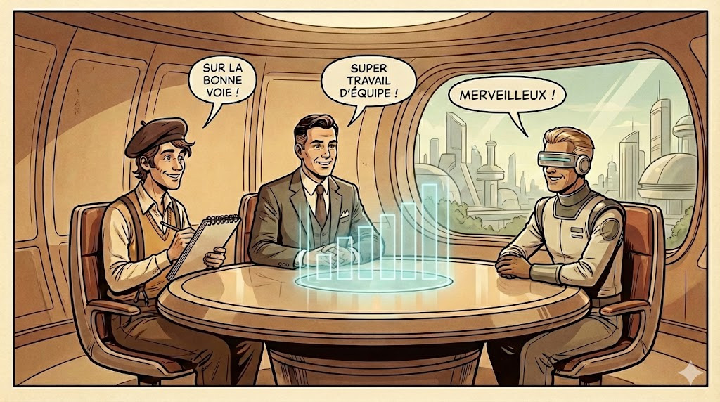 Équipe d’entreprise de services collaborant devant un hologramme projetant des données de gestion de projet unifiées.