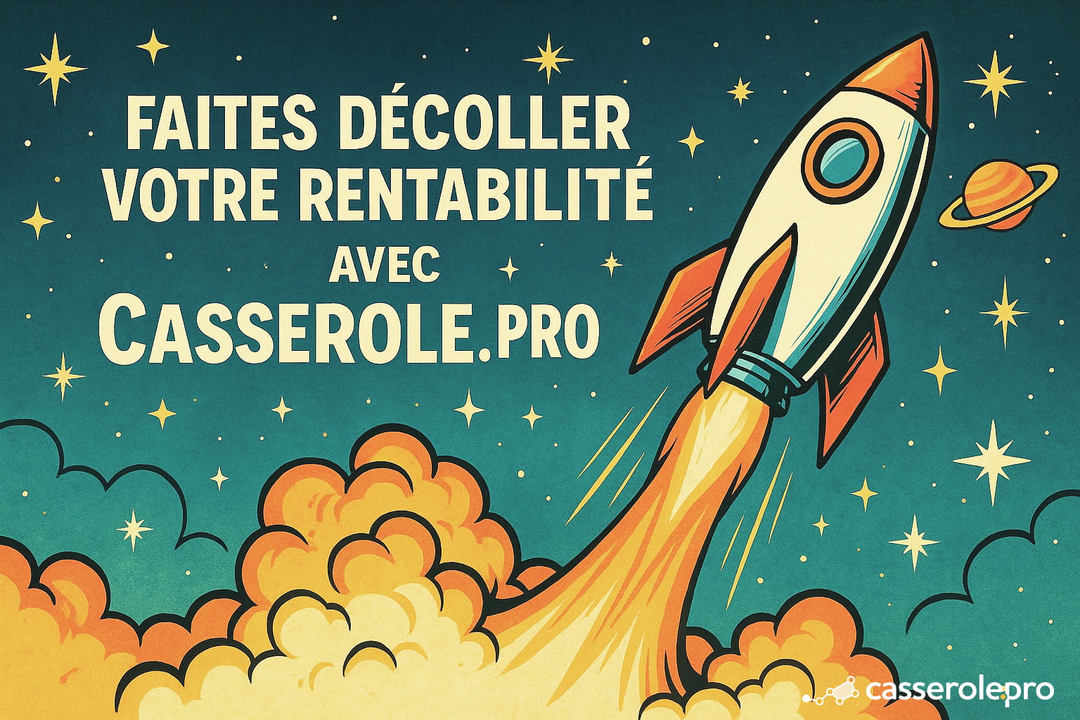Fusée rétro décollant dans l’espace — faites décoller la rentabilité de votre entreprise de services avec Casserole.pro.