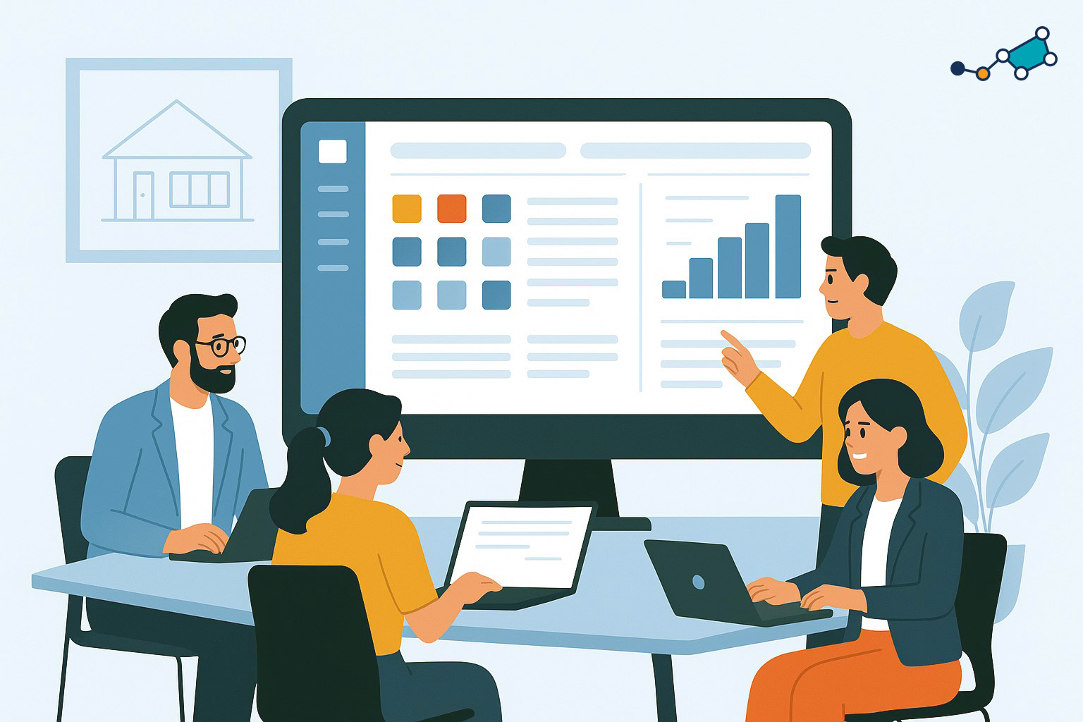 Équipe de professionnels d’agence de services utilisant un logiciel de gestion collaboratif pour planifier leurs projets et analyser les résultats.