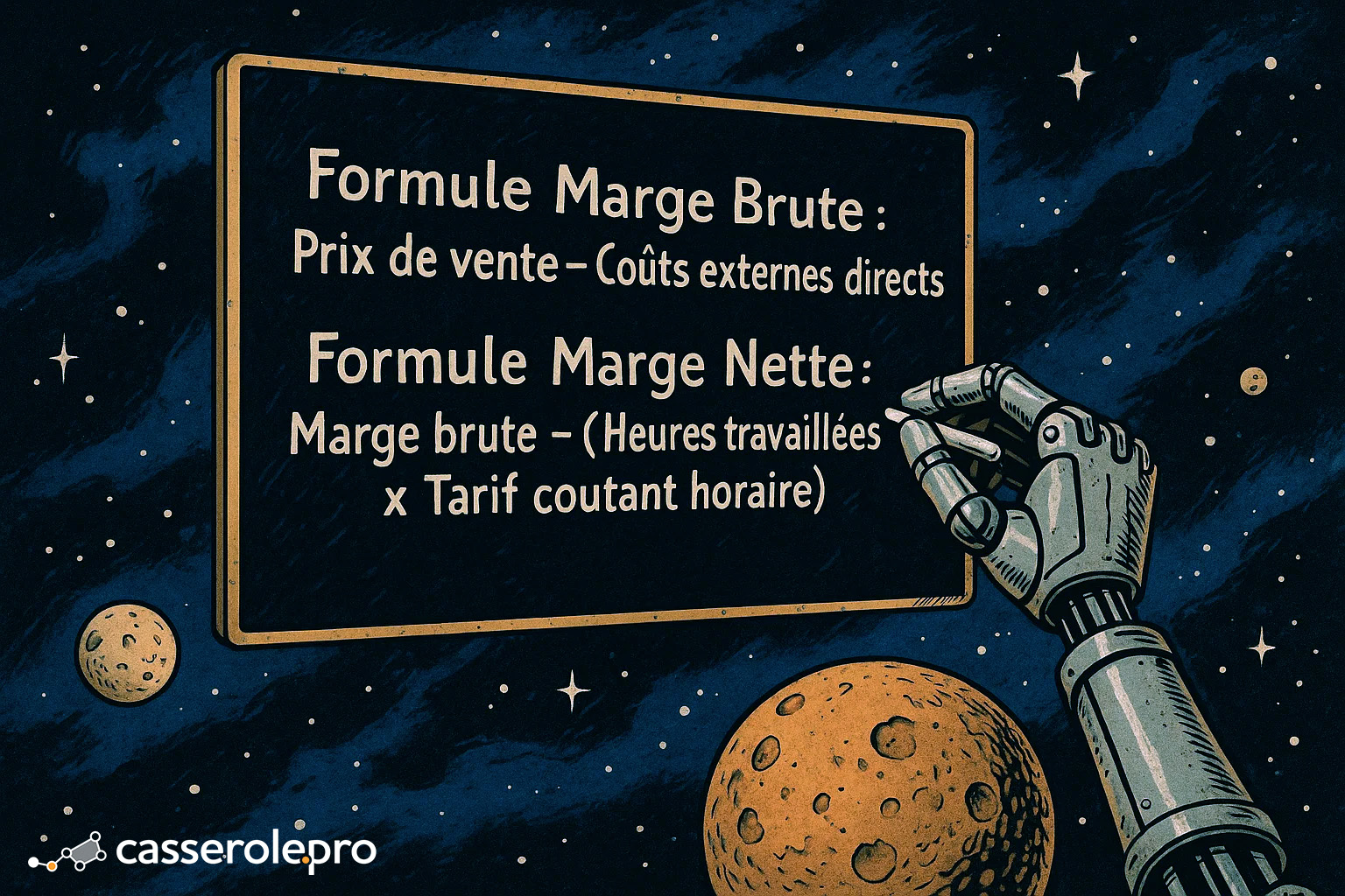 Dessin style comics vintage d’une main robotique dans l’espace écrivant sur un tableau noir les formules mathématiques pour le calcul de la marge brute et de la marge nette.