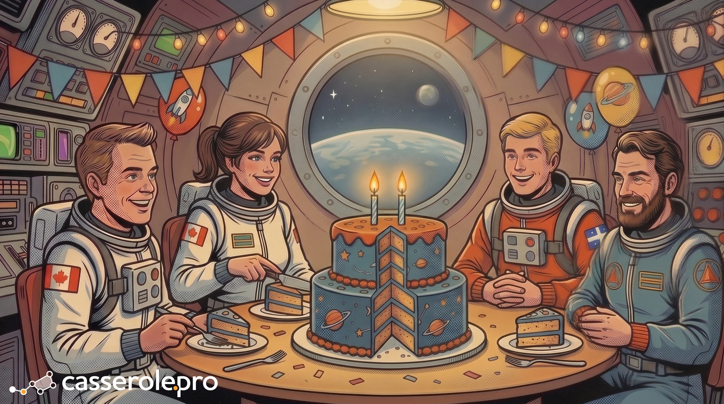 Illustration d’astronautes célébrant les 2 ans de Casserole.pro autour d’un gâteau d’anniversaire spatial