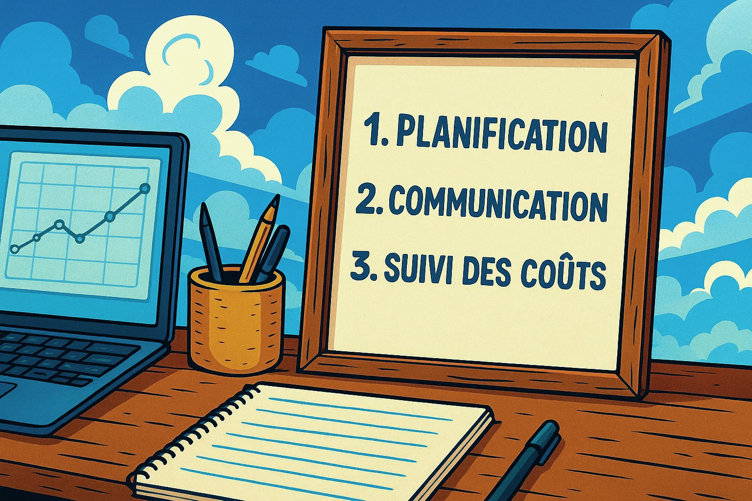 Bureau avec laptop, carnet et panneau affichant les trois piliers : planification, communication, suivi des coûts.