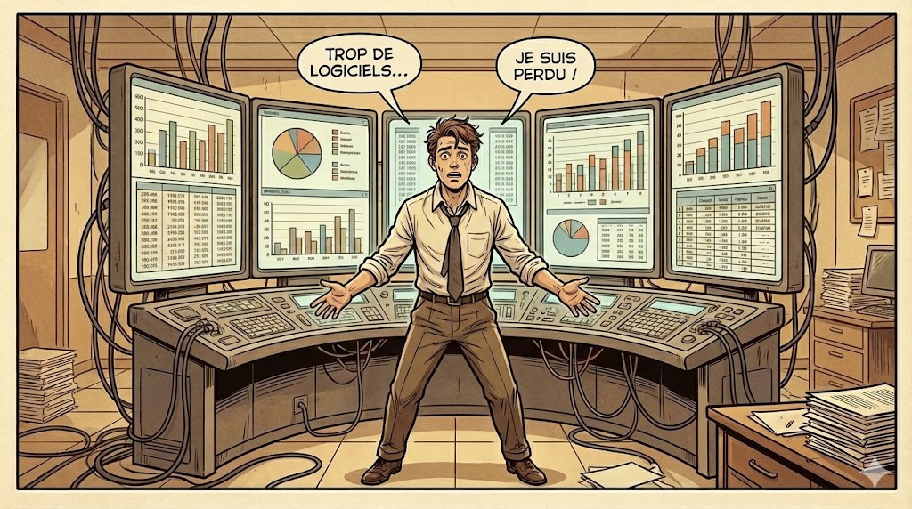 Illustration style bande dessinée vintage d’un entrepreneur débordé par une multitude de logiciels et de câbles informatiques.