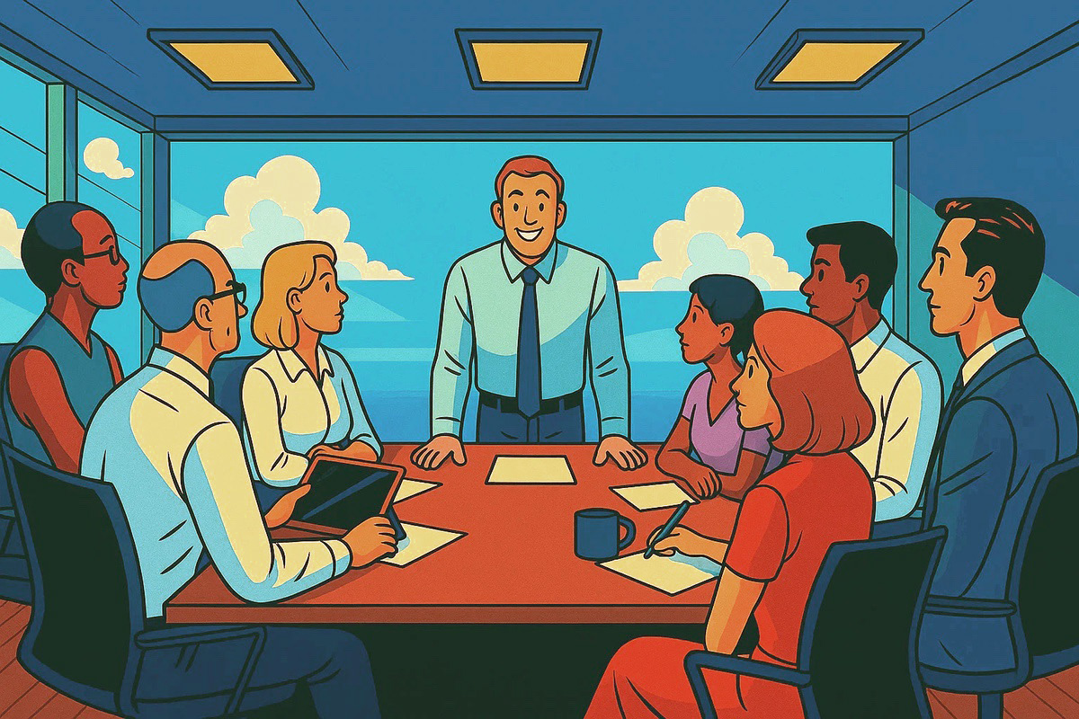 Un dirigeant d’entreprise mène une réunion avec son équipe, symbole d’une croissance réussie grâce à une bonne gestion.