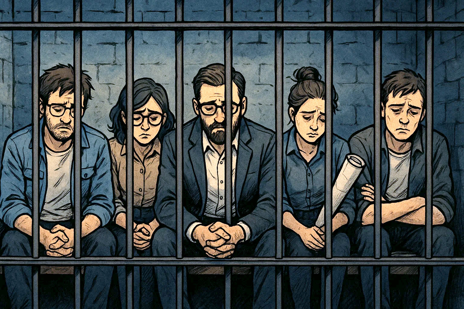 Équipe de collègues derrière des barreaux symbolisant la frustration liée à la gestion des feuilles de temps