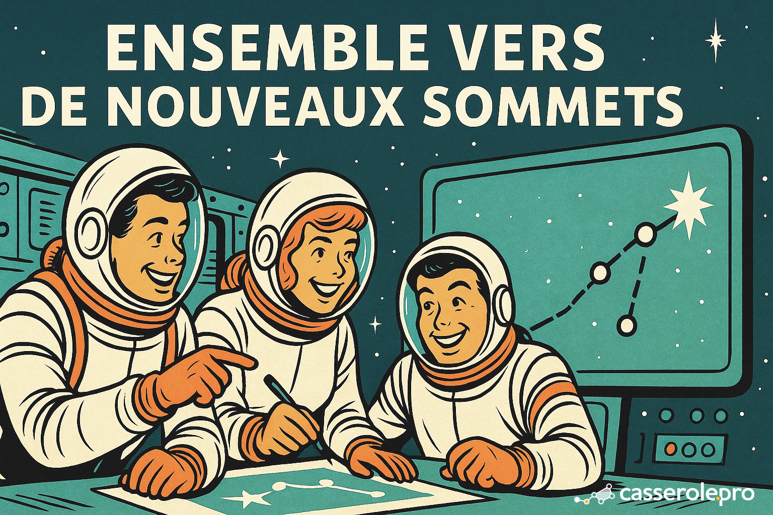 Équipe d’astronautes planifiant un projet spatial — collaboration pour atteindre de nouveaux sommets avec Casserole.pro.